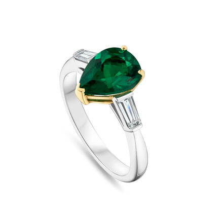 1.99ct Pear Shape Emerald and Diamond Trilogy Ring in Platinum