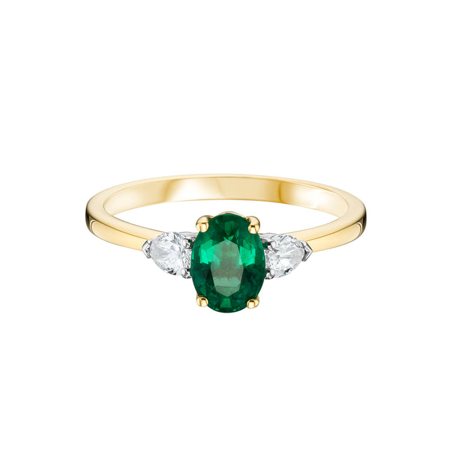 Oval Cut Emerald and Diamond Trilogy in Platinum and Yellow Gold