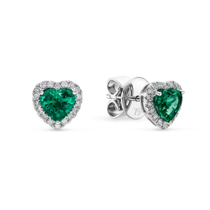 Heart Shape Emerald and Diamond Halo Earrings in White Gold