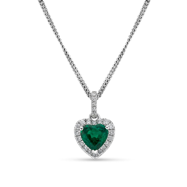 Heart Shape Emerald and Diamond Halo Pendant in White Gold