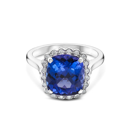 Cushion Cut Tanzanite and Diamond Halo Ring in Platinum