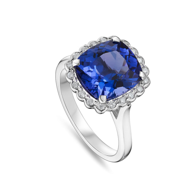 Cushion Cut Tanzanite and Diamond Halo Ring in Platinum