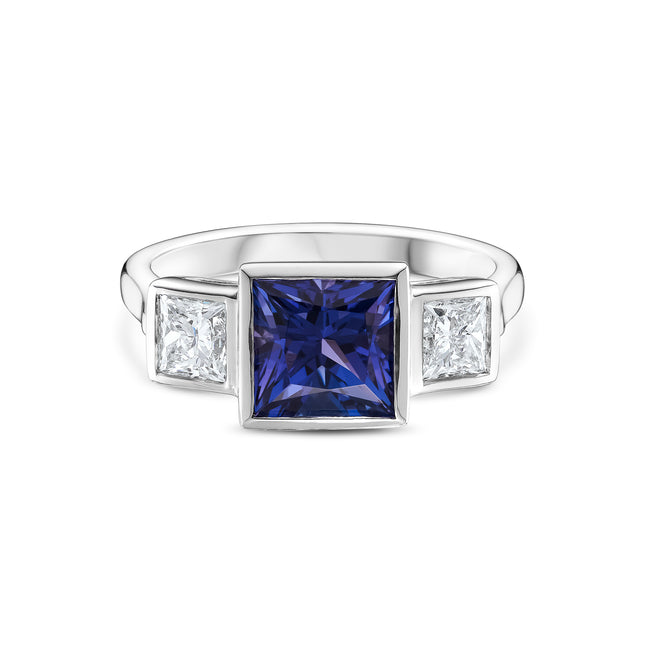 Princess Cut Tanzanite and Diamond Trilogy Ring in Platinum