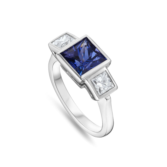 Princess Cut Tanzanite and Diamond Trilogy Ring in Platinum
