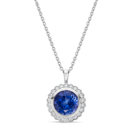Round Tanzanite and Diamond Vintage Halo Pendant in White Gold
