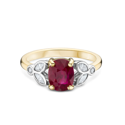 Cushion Cut Ruby and Diamond Floral Ring in Platinum