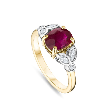 Cushion Cut Ruby and Diamond Floral Ring in Platinum
