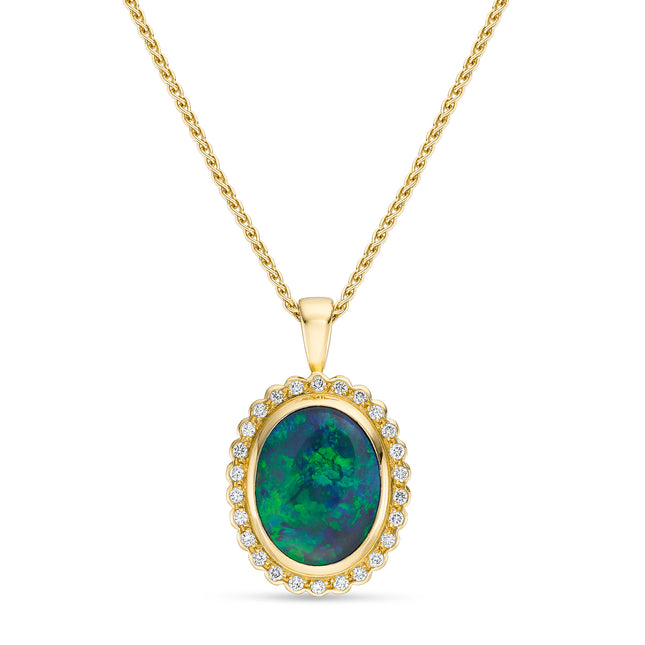Oval Black Opal and Diamond Halo Pendant in Yellow Gold