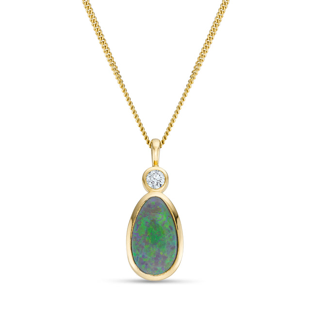 Pear Shape Black Opal and Diamond Pendant in Yellow Gold