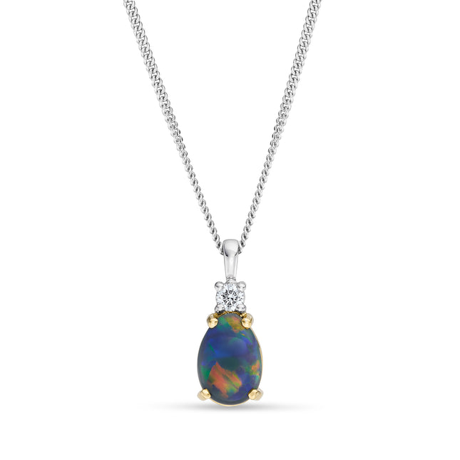 Pear Shape Black Opal and Diamond Pendant in Yellow and White Gold