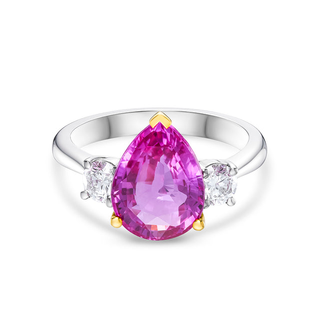 Pear Shape Pink Sapphire and Diamond Trilogy in Yellow Gold and Platinum