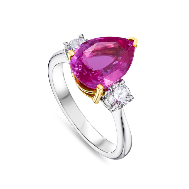 Pear Shape Pink Sapphire and Diamond Trilogy in Yellow Gold and Platinum