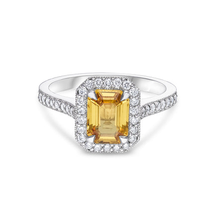 Emerald Cut Yellow Sapphire and Diamond Halo Ring in Platinum