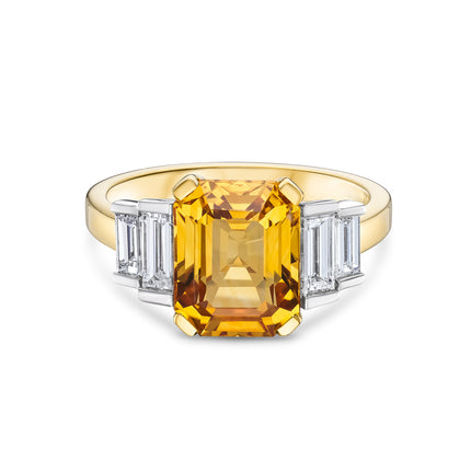 4.89ct Emerald Cut Yellow Sapphire and Diamond Art Deco Ring in Yellow Gold and Platinum