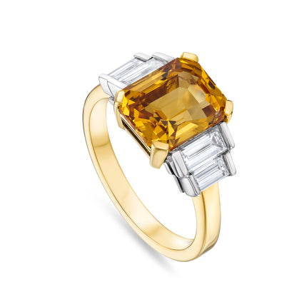 4.89ct Emerald Cut Yellow Sapphire and Diamond Art Deco Ring in Yellow Gold and Platinum