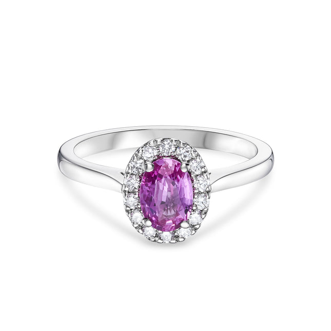 Oval Cut Pink Sapphire and Diamond Halo Ring in Platinum