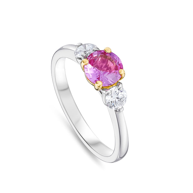 Round Cut Pink Sapphire and Diamond Trilogy Ring in Platinum and Yellow Gold