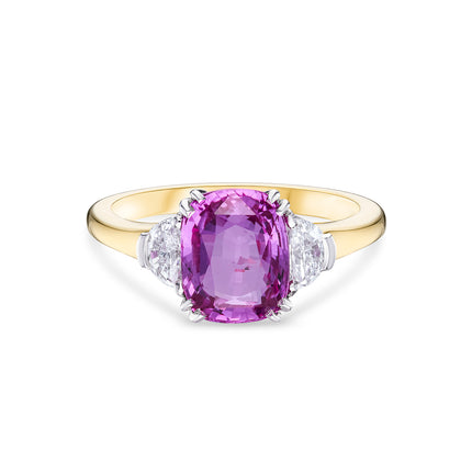 Cushion Cut Pink Sapphire and Diamond Trilogy Ring in Yellow and White Gold