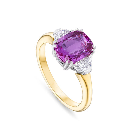 Cushion Cut Pink Sapphire and Diamond Trilogy Ring in Yellow and White Gold