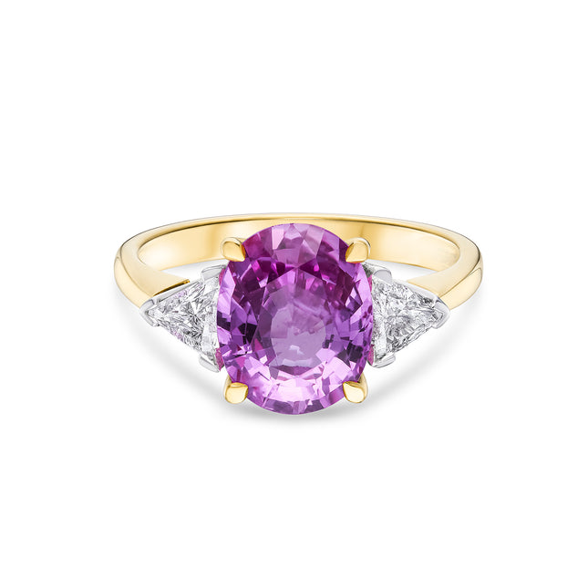 Oval Cut Pink Sapphire and Diamond Trilogy Ring in Yellow and White Gold