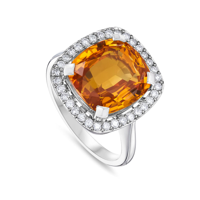10.09ct Cushion Cut Orange Sapphire and Diamond Halo Ring in Platinum