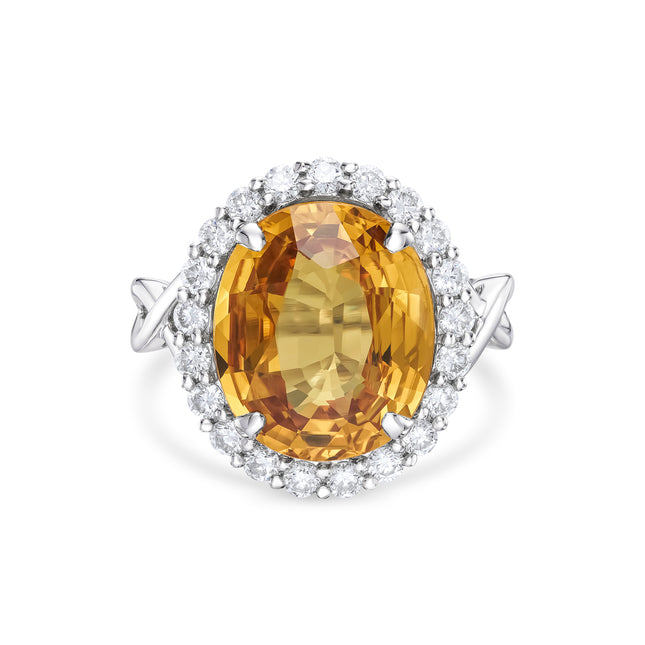 7.49ct Oval Cut Yellow Sapphire and Diamond Halo Ring in White Gold