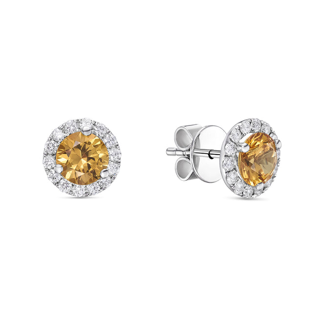 Round Cut Yellow Sapphire and Diamond Halo Earrings in White Gold