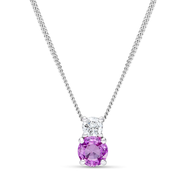 Round Cut Pink Sapphire and Diamond Pendant in White Gold