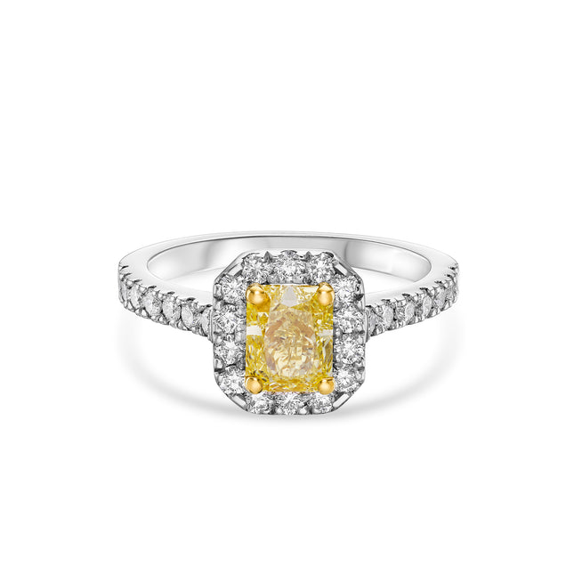 Radiant Cut Yellow Diamond Halo Ring in Yellow Gold and Platinum