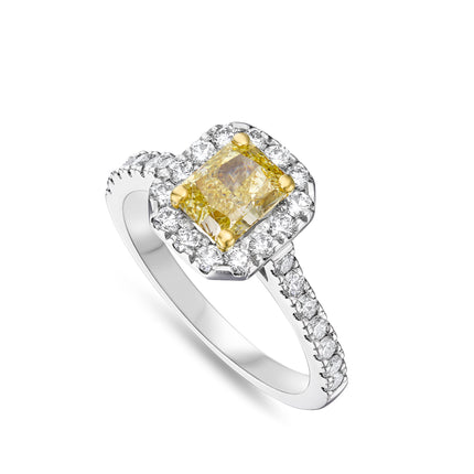 Radiant Cut Yellow Diamond Halo Ring in Yellow Gold and Platinum