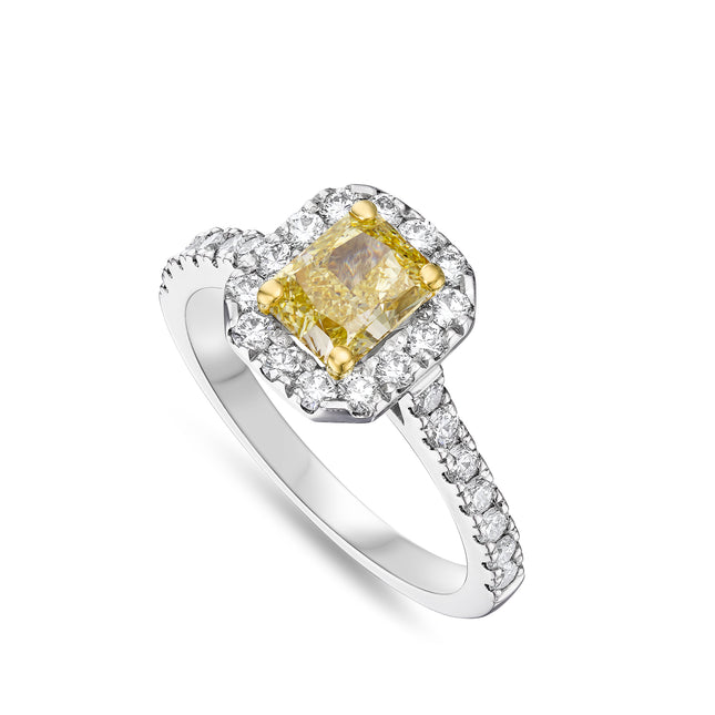 Radiant Cut Yellow Diamond Halo Ring in Yellow Gold and Platinum