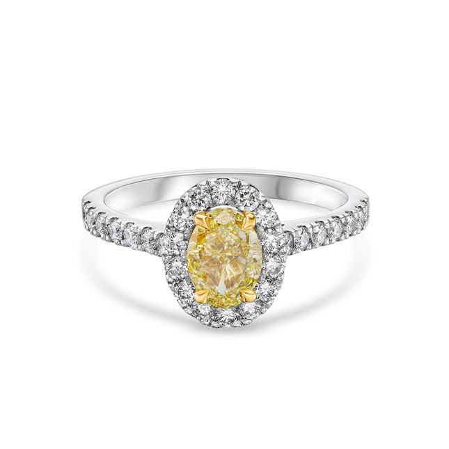 Oval Cut Yellow Diamond Halo Ring in Yellow Gold and Platinum