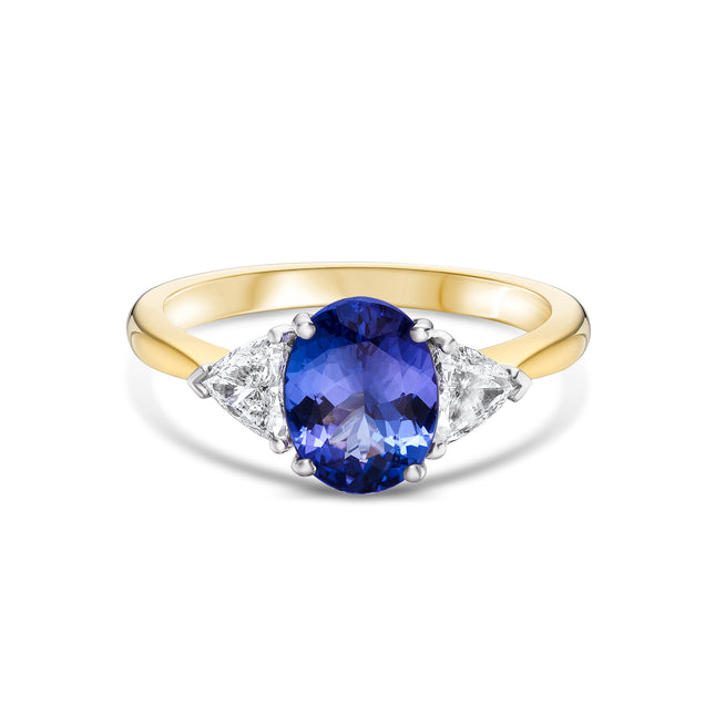 Oval Tanzanite and Diamond Trilogy Ring in Yellow and White Gold