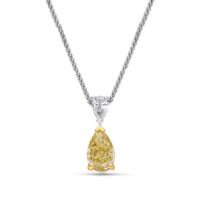 Pear Shape Yellow Diamond Drop Pendant in Yellow and White Gold