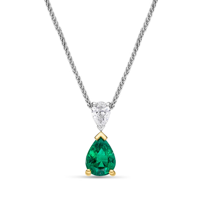 Pear Shape Emerald and Diamond Drop Pendant in Yellow and White Gold