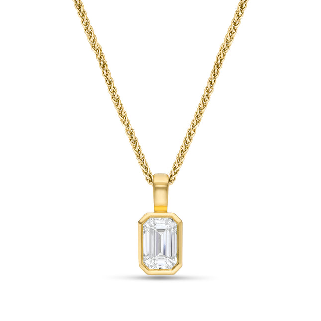 Emerald Cut Diamond Rubover Pendant in Yellow Gold