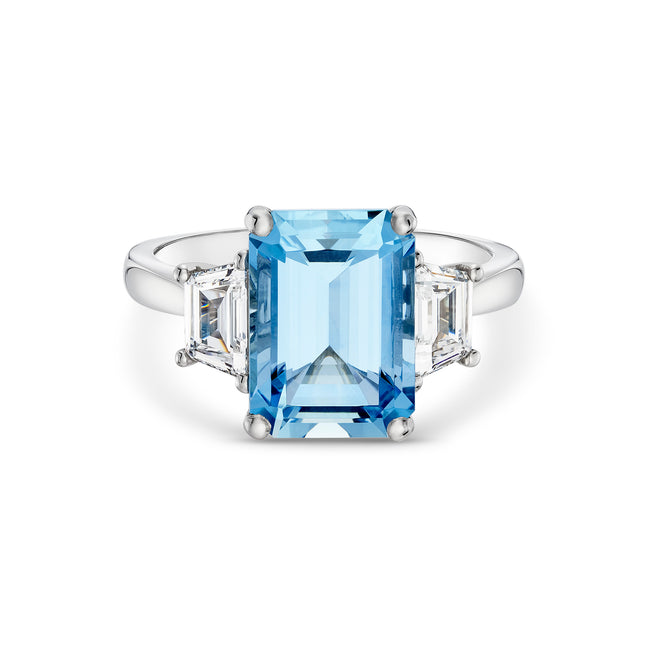 3.52ct Emerald Cut Aquamarine and Diamond Trilogy Ring in Platinum