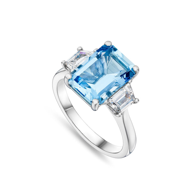 3.52ct Emerald Cut Aquamarine and Diamond Trilogy Ring in Platinum