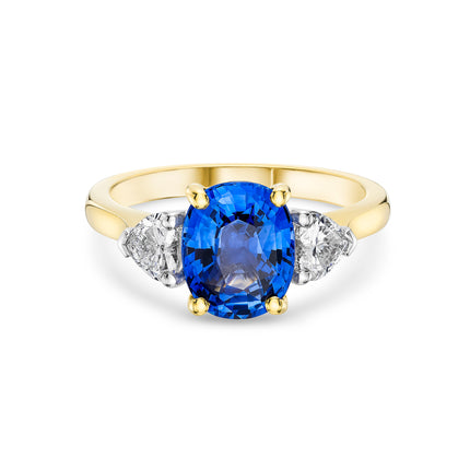 2.79ct Cushion Cut Sapphire and Diamond Trilogy Ring in Yellow Gold and Platinum