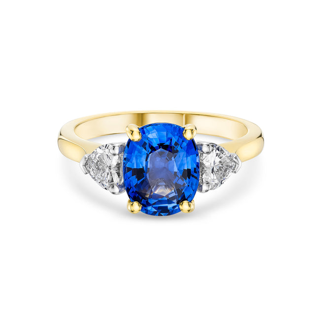 2.79ct Cushion Cut Sapphire and Diamond Trilogy Ring in Yellow Gold and Platinum