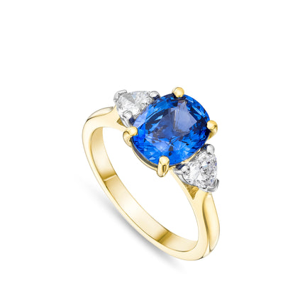 2.79ct Cushion Cut Sapphire and Diamond Trilogy Ring in Yellow Gold and Platinum