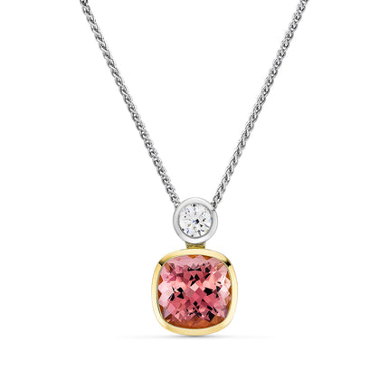 Cushion Cut Pink Tourmaline and Diamond Pendant in Yellow and White Gold