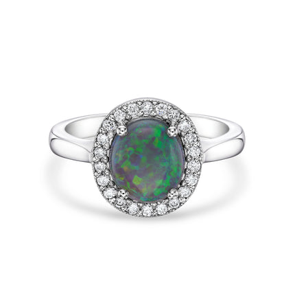 Oval Cut Black Opal and Diamond Halo Ring in Platinum