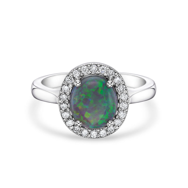 Oval Cut Black Opal and Diamond Halo Ring in Platinum
