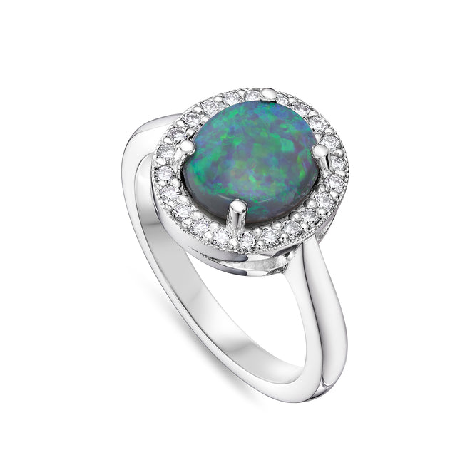 Oval Cut Black Opal and Diamond Halo Ring in Platinum