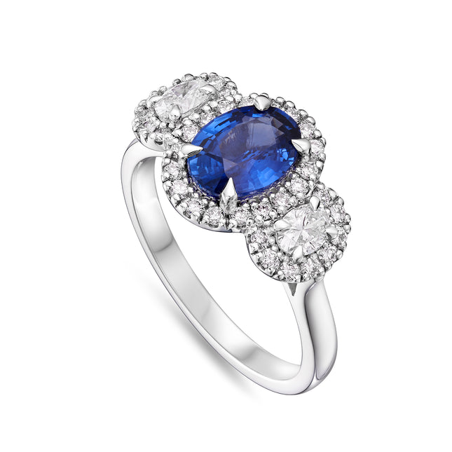 Oval Sapphire and Diamond Trilogy Halo Ring in Platinum