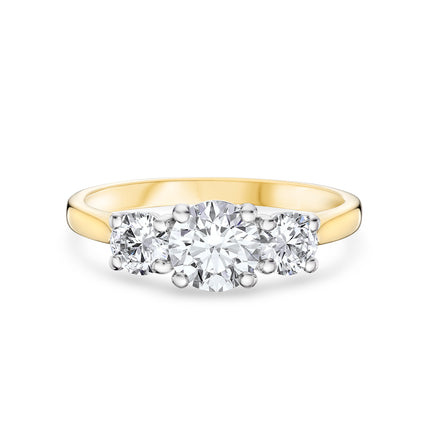 Round Brilliant Cut Diamond Trilogy Ring in Yellow Gold and Platinum
