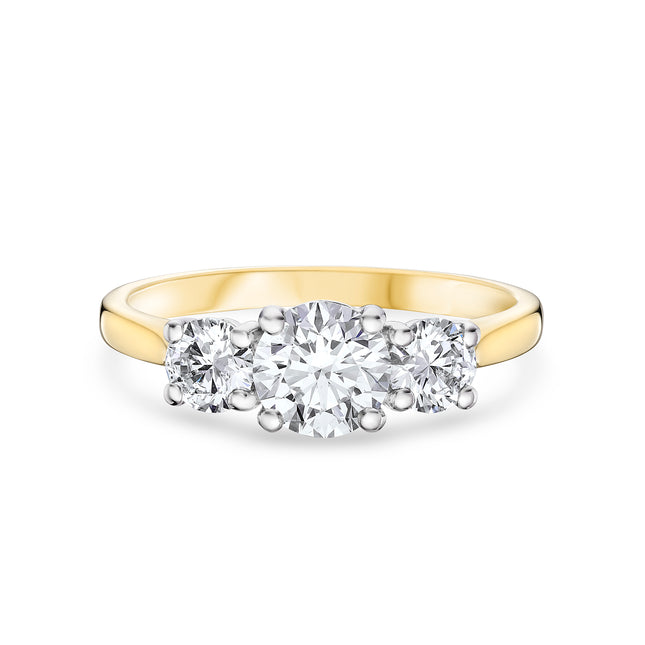 Round Brilliant Cut Diamond Trilogy Ring in Yellow Gold and Platinum