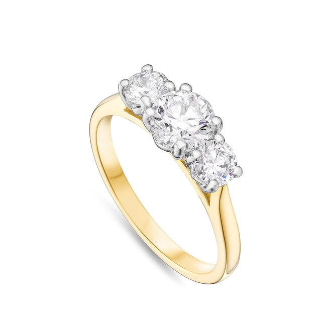 Round Brilliant Cut Diamond Trilogy Ring in Yellow Gold and Platinum