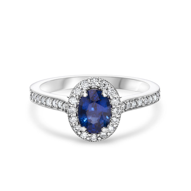Oval Sapphire and Diamond Halo Ring in Platinum